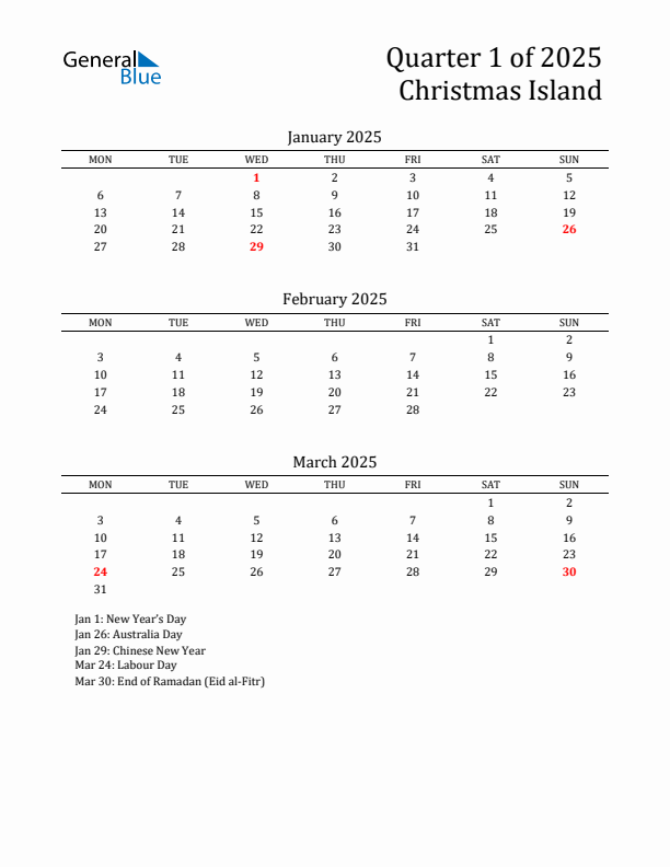 Threemonth calendar for Christmas Island Q1 of 2025