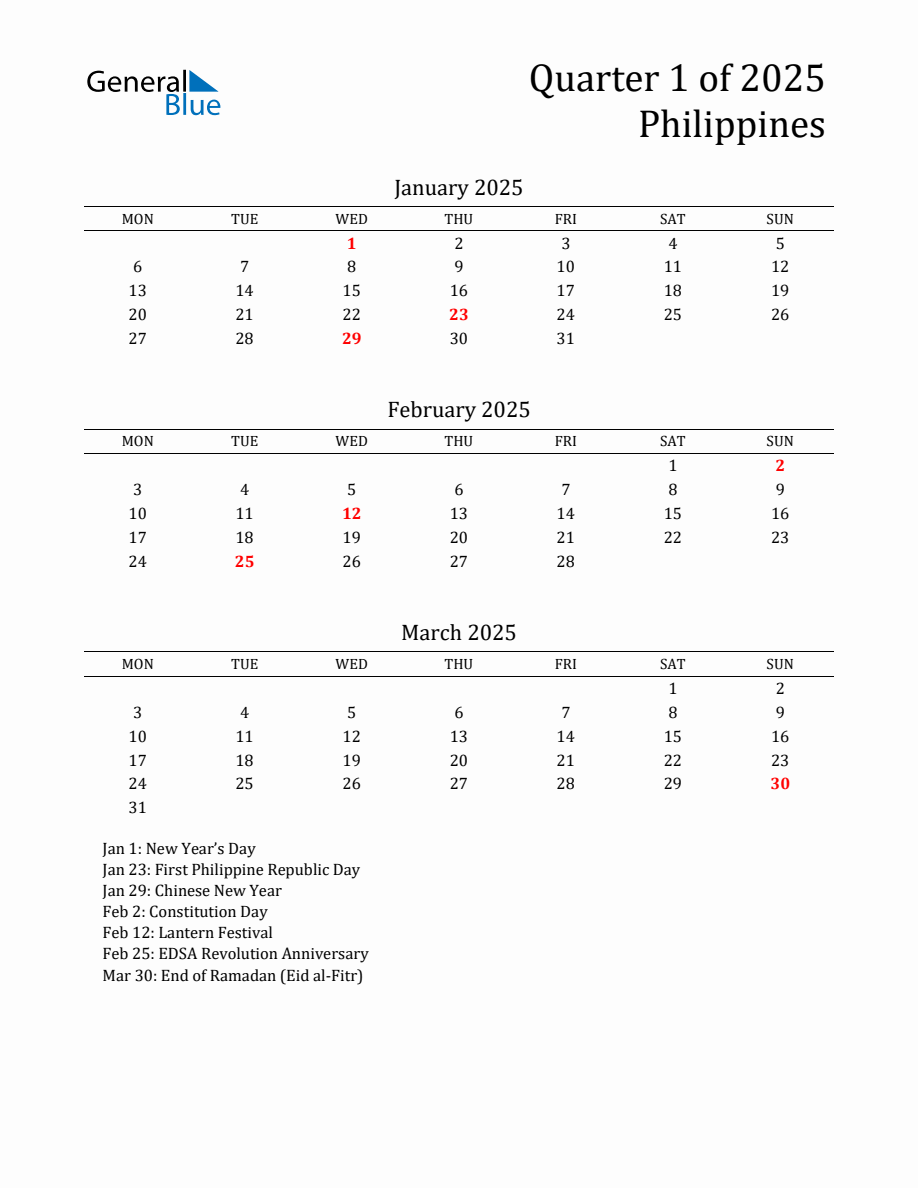 Quarter 1 2025 Philippines Quarterly Calendar