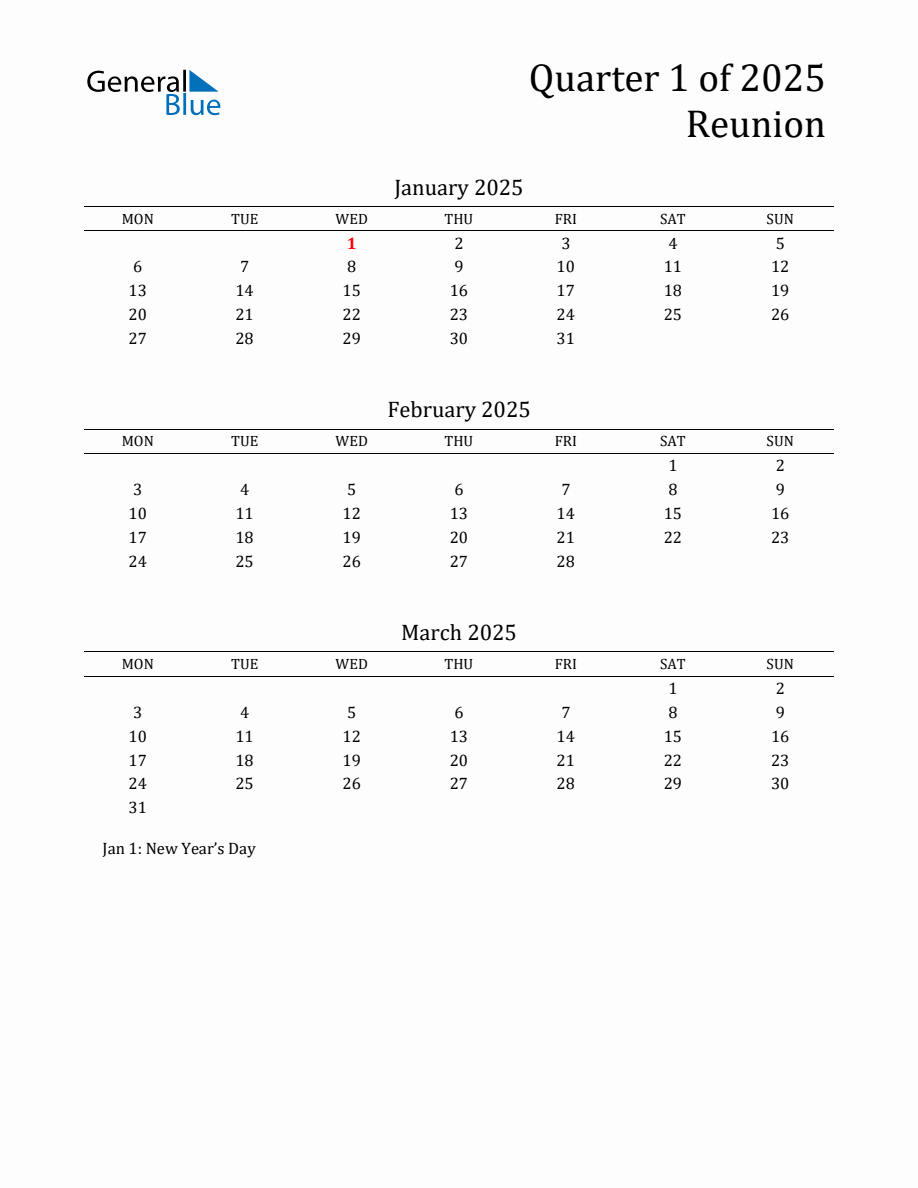 Quarter 1 2025 Reunion Quarterly Calendar