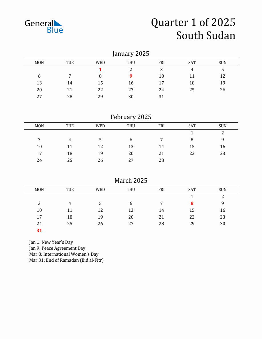 Quarter 1 2025 South Sudan Quarterly Calendar