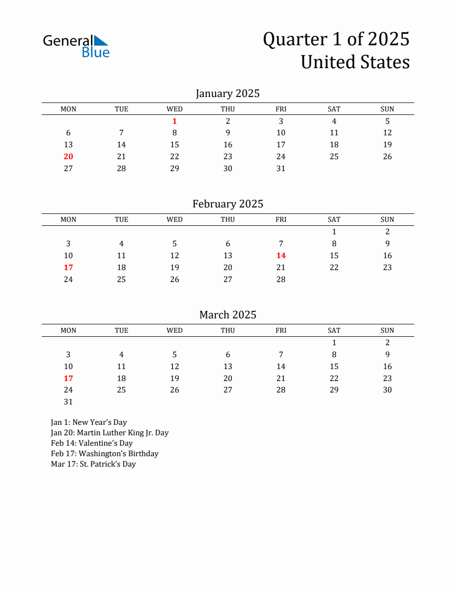 Quarter 1 2025 United States Quarterly Calendar