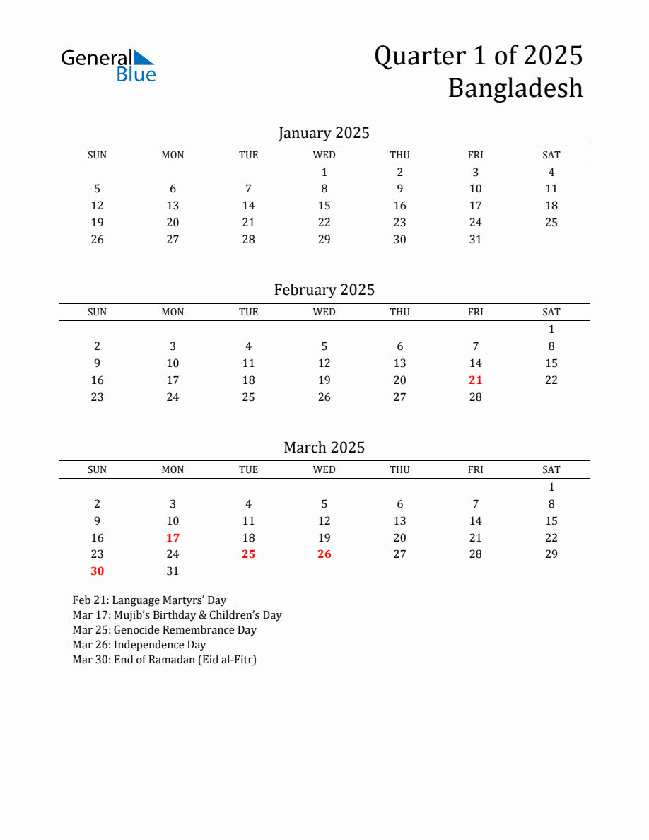 Quarter 1 2025 Bangladesh Quarterly Calendar