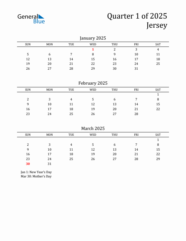 Quarter 1 2025 Jersey Quarterly Calendar