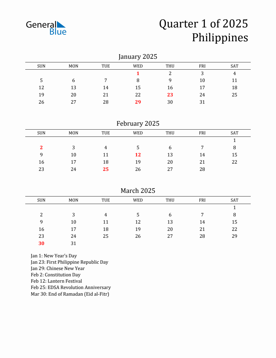 Quarter 1 2025 Philippines Quarterly Calendar