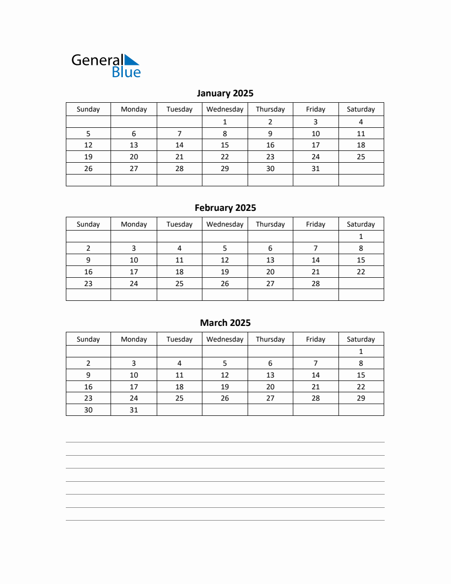 Free Printable Q1 Quarterly Calendar 2025