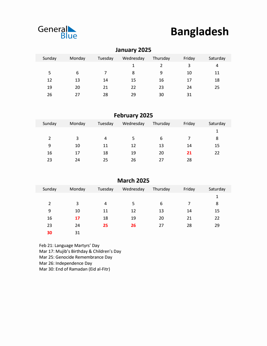 Printable Quarterly Calendar with Notes and Bangladesh Holidays Q1 of 2025