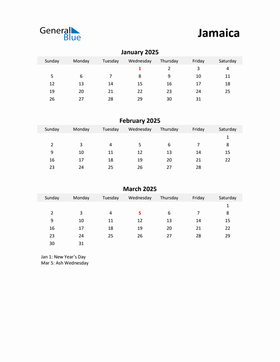 Printable Quarterly Calendar with Notes and Jamaica Holidays Q1 of 2025