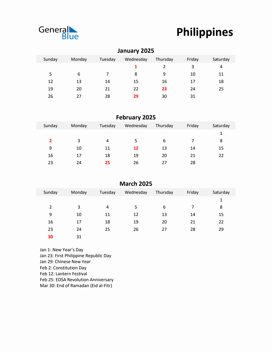 Printable Quarterly Calendar with Notes and Philippines Holidays Q1 of