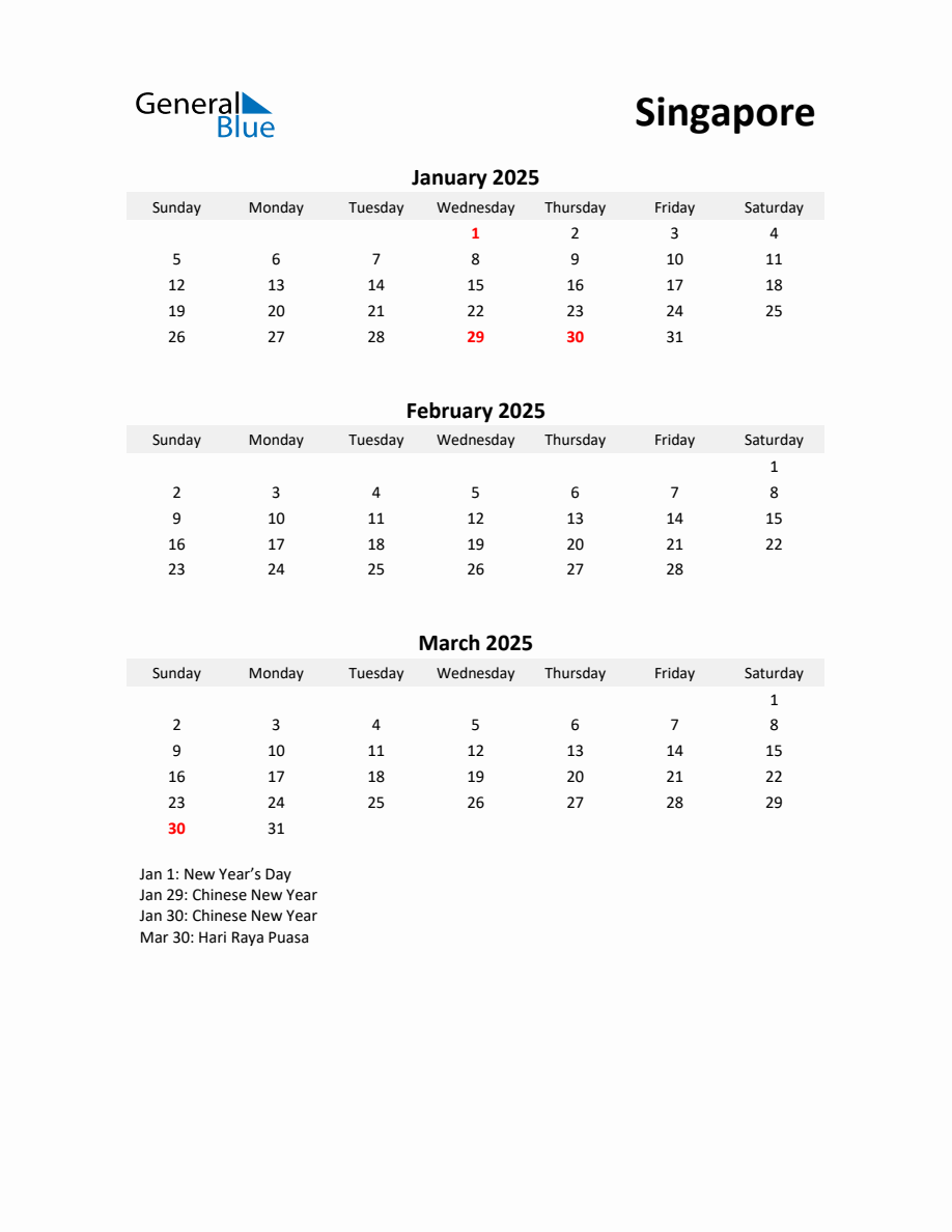 Printable Quarterly Calendar with Notes and Singapore Holidays Q1 of 2025