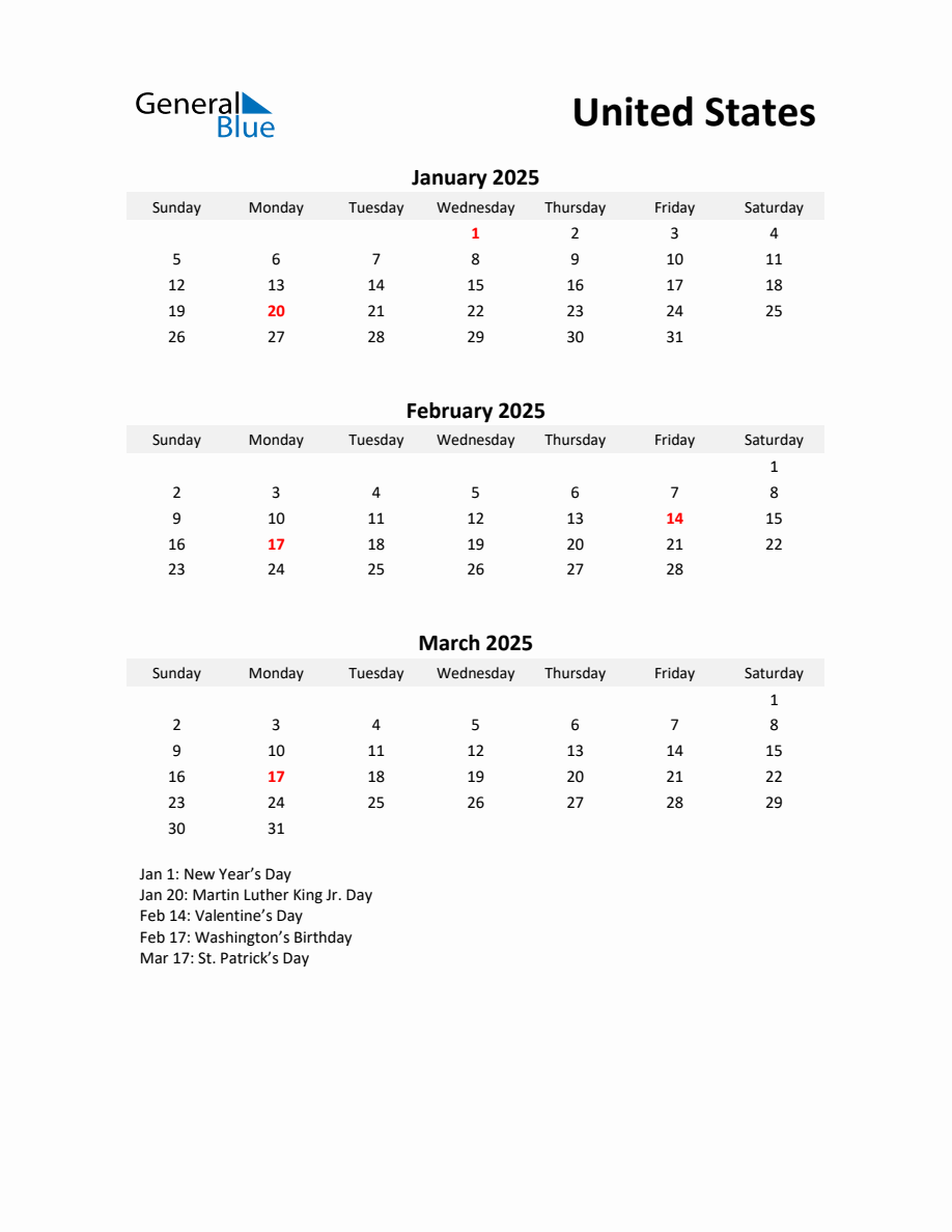 Printable Quarterly Calendar with Notes and United States Holidays Q1