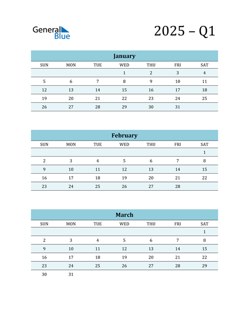  January, February, and March 2025 Calendar