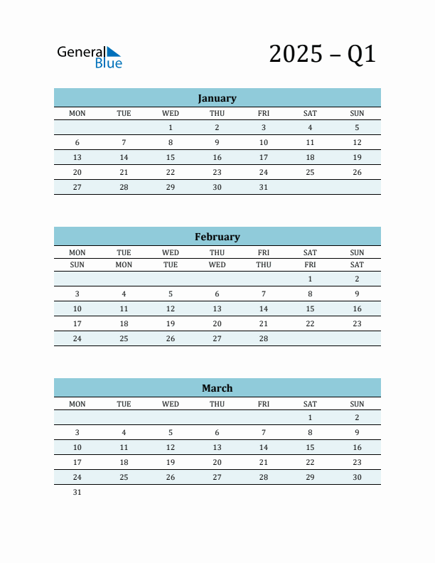 January, February, and March 2025 Calendar