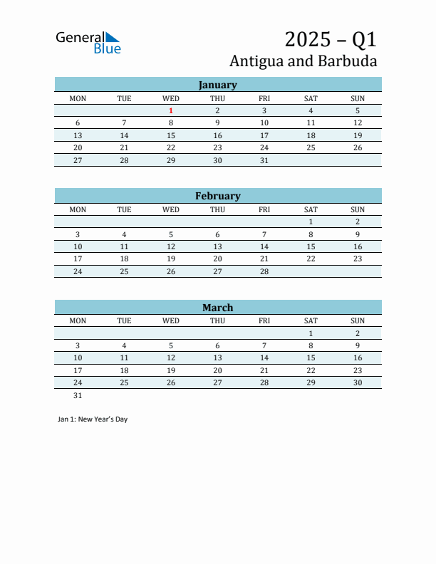 Three-Month Planner for Q1 2025 with Holidays - Antigua and Barbuda
