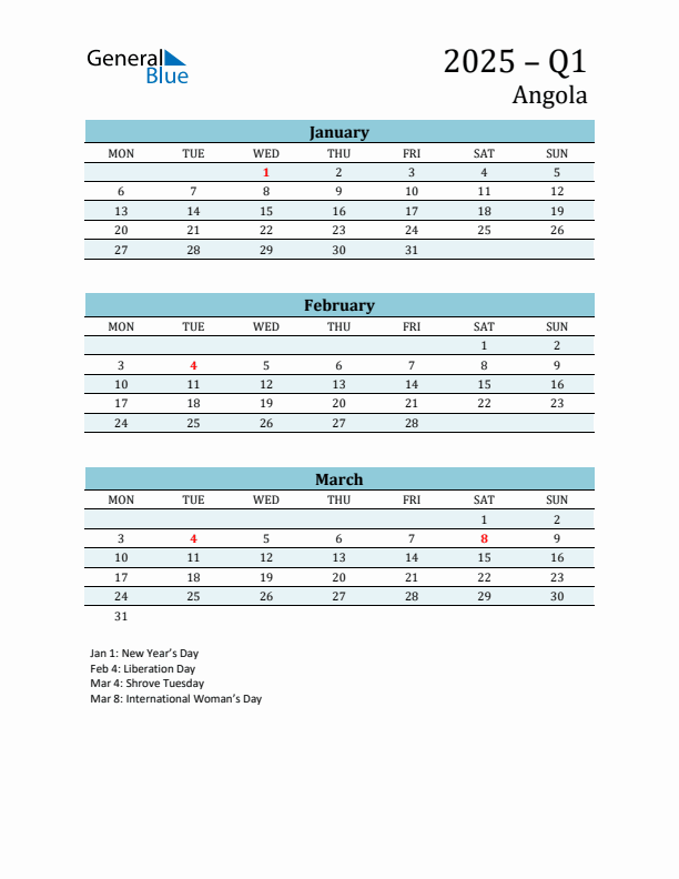 Three-Month Planner for Q1 2025 with Holidays - Angola