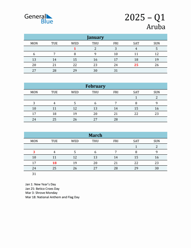 Three-Month Planner for Q1 2025 with Holidays - Aruba