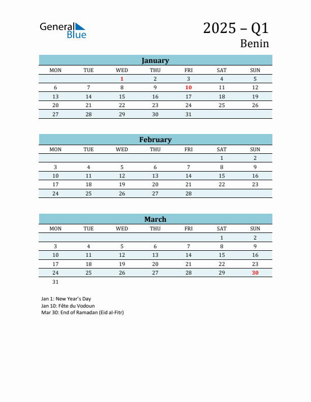 Three-Month Planner for Q1 2025 with Holidays - Benin