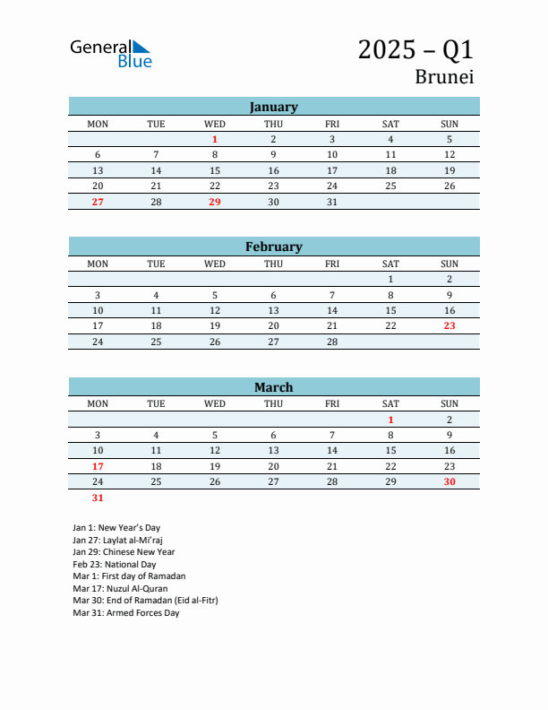 Three-Month Planner for Q1 2025 with Holidays - Brunei