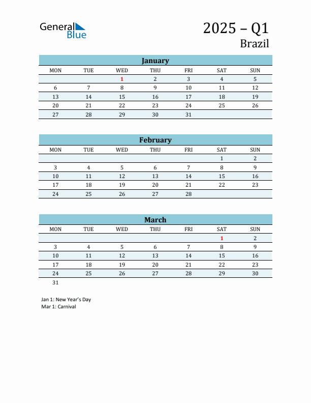 Three-Month Planner for Q1 2025 with Holidays - Brazil