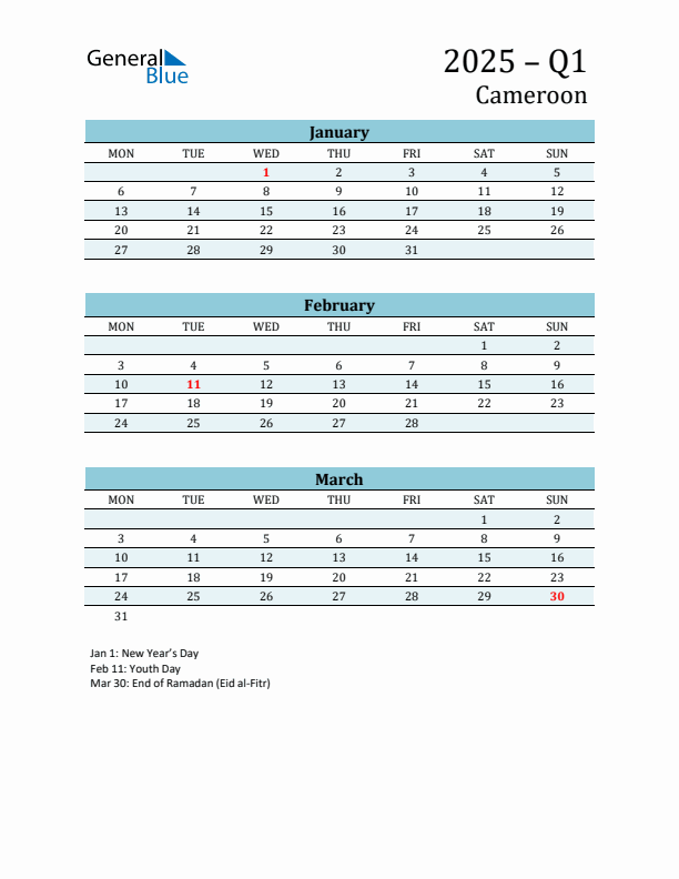 Three-Month Planner for Q1 2025 with Holidays - Cameroon