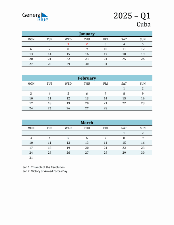Three-Month Planner for Q1 2025 with Holidays - Cuba