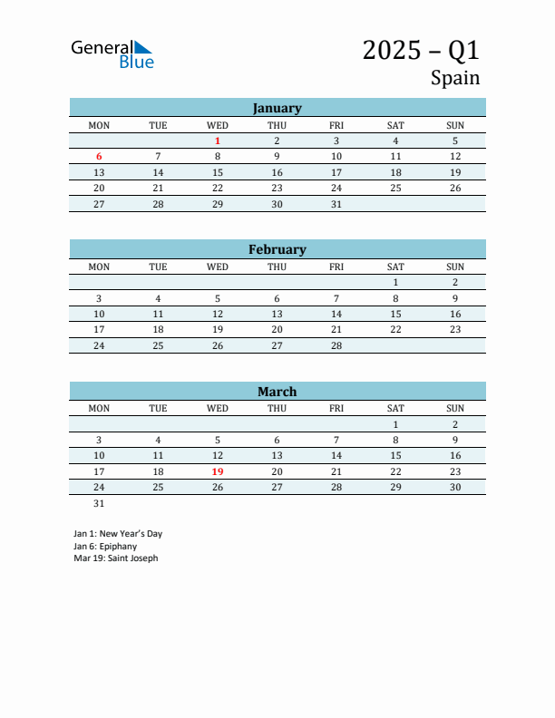 Three-Month Planner for Q1 2025 with Holidays - Spain