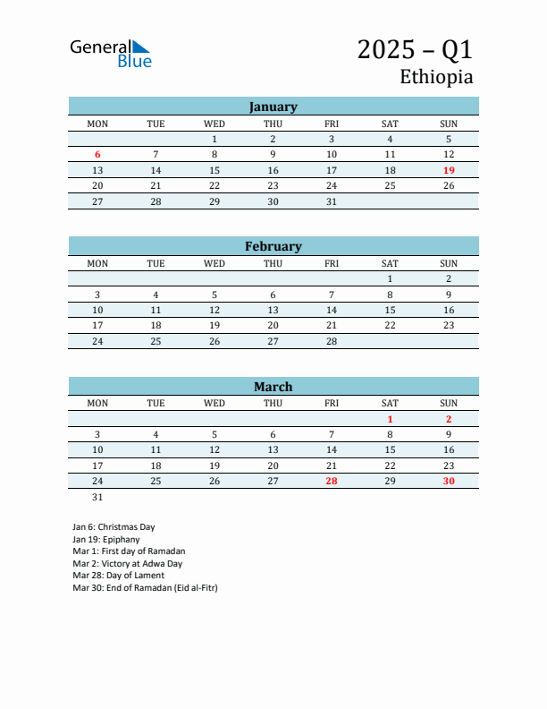 Three-Month Planner for Q1 2025 with Holidays - Ethiopia