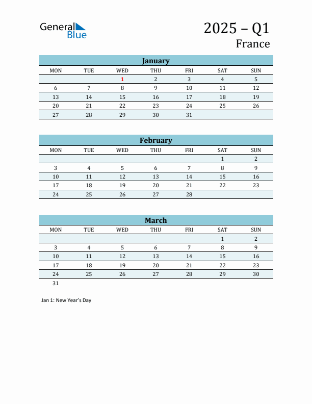 Three-Month Planner for Q1 2025 with Holidays - France