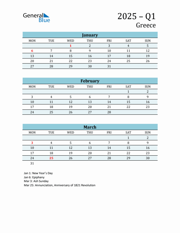 Three-Month Planner for Q1 2025 with Holidays - Greece