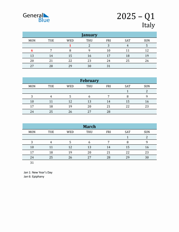 Three-Month Planner for Q1 2025 with Holidays - Italy
