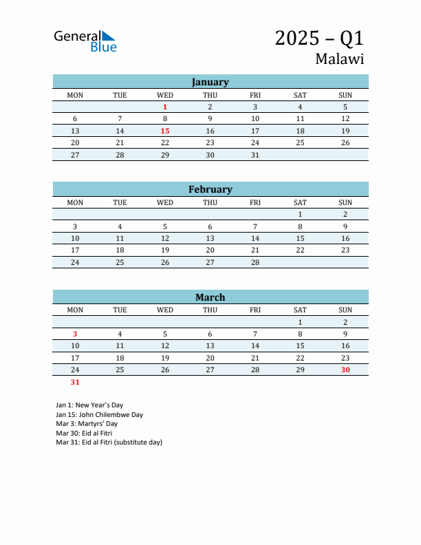 Three-Month Planner for Q1 2025 with Holidays - Malawi