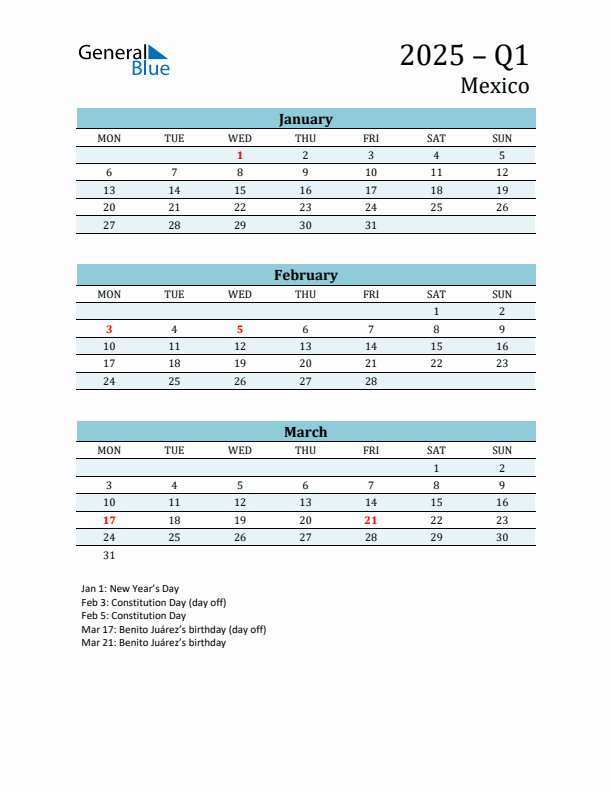 Three-Month Planner for Q1 2025 with Holidays - Mexico