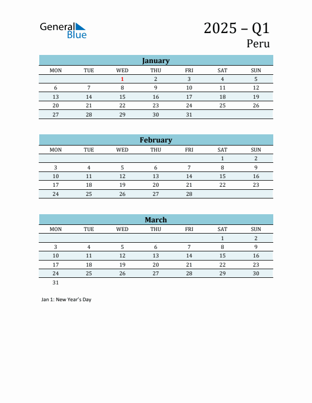 Three-Month Planner for Q1 2025 with Holidays - Peru