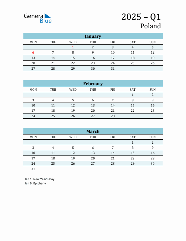 Three-Month Planner for Q1 2025 with Holidays - Poland