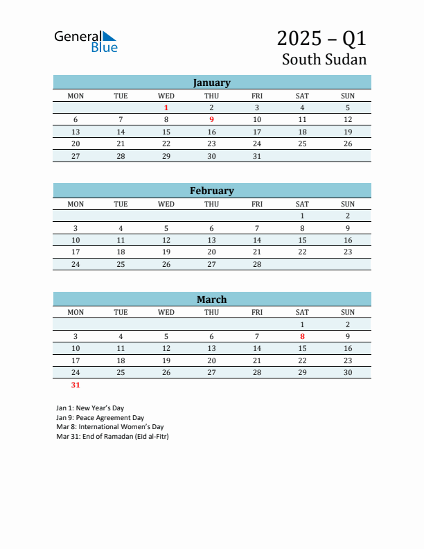 Three-Month Planner for Q1 2025 with Holidays - South Sudan