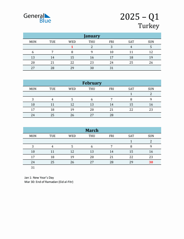 Three-Month Planner for Q1 2025 with Holidays - Turkey