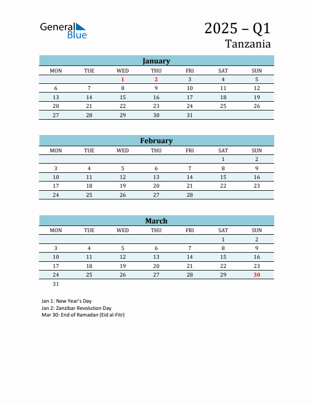 Three-Month Planner for Q1 2025 with Holidays - Tanzania