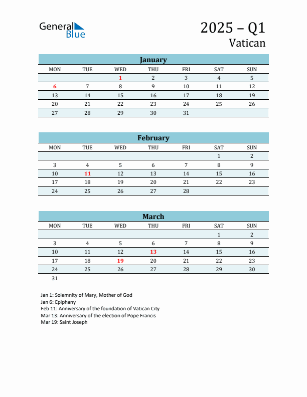 Three-Month Planner for Q1 2025 with Holidays - Vatican