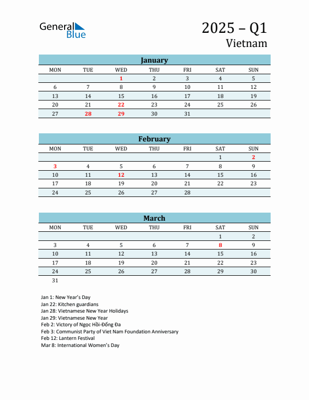 Three-Month Planner for Q1 2025 with Holidays - Vietnam