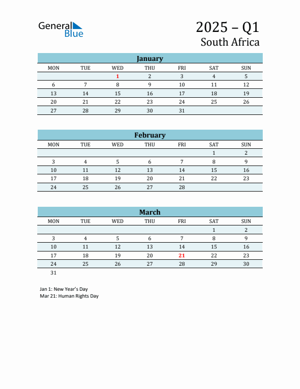 Three-Month Planner for Q1 2025 with Holidays - South Africa