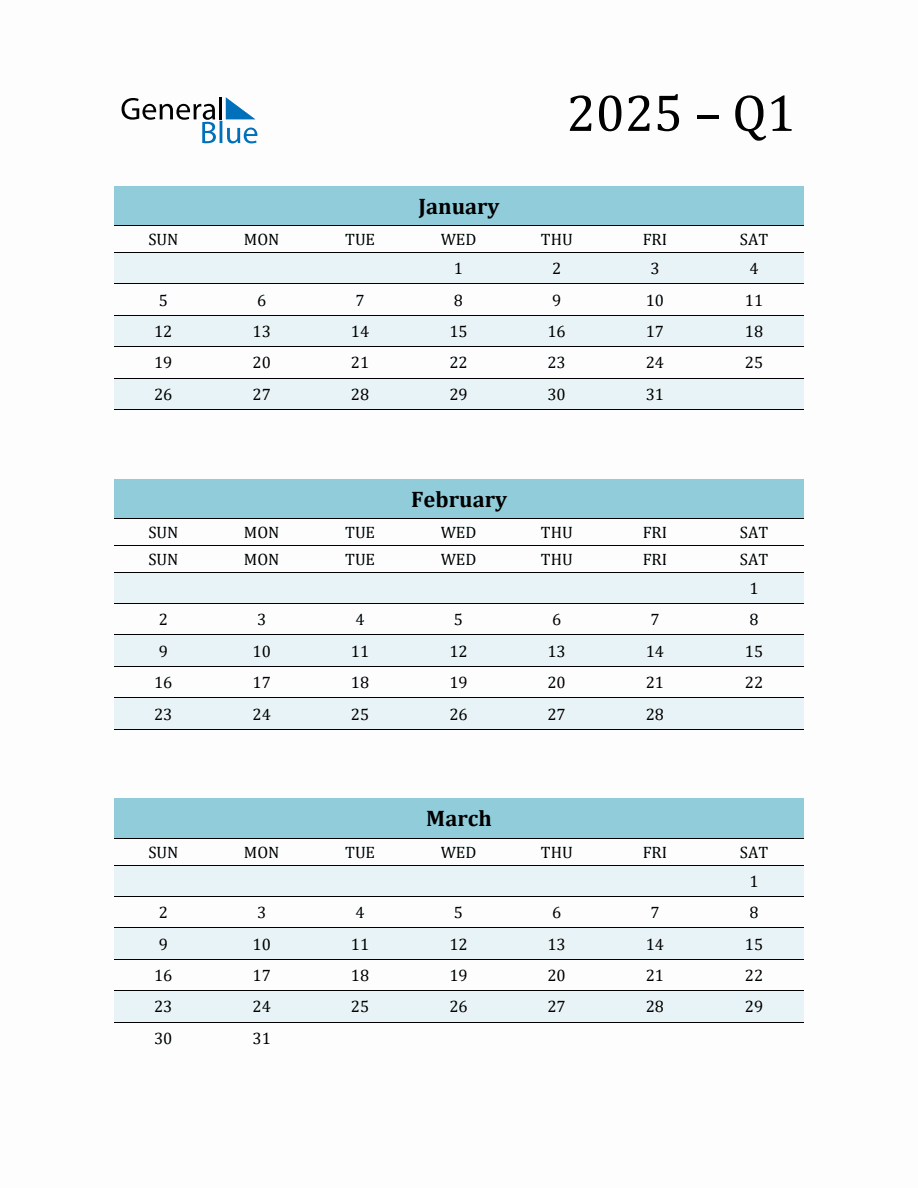 Blank Q1 Quarterly Calendar 2025 (January, February and March)