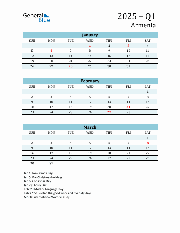 Three-Month Planner for Q1 2025 with Holidays - Armenia