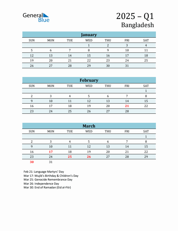 Three-Month Planner for Q1 2025 with Holidays - Bangladesh