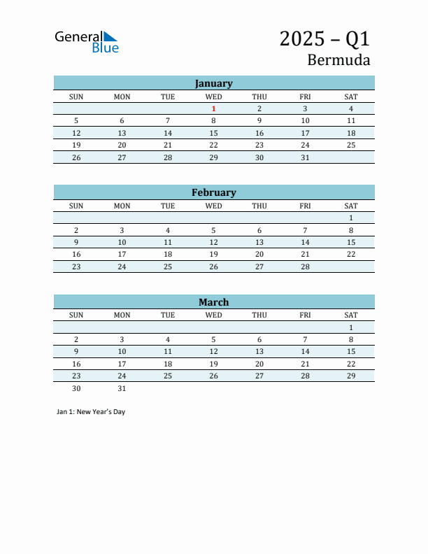 Three-Month Planner for Q1 2025 with Holidays - Bermuda