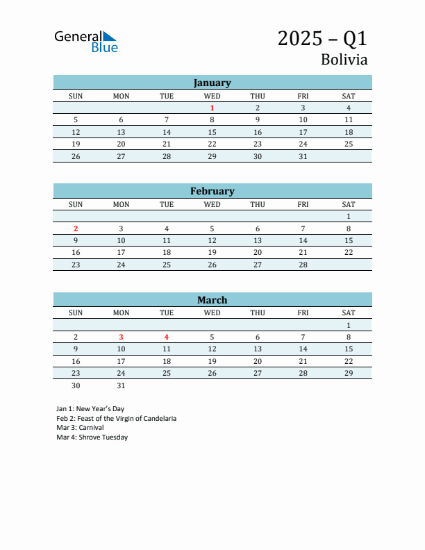 Three-Month Planner for Q1 2025 with Holidays - Bolivia