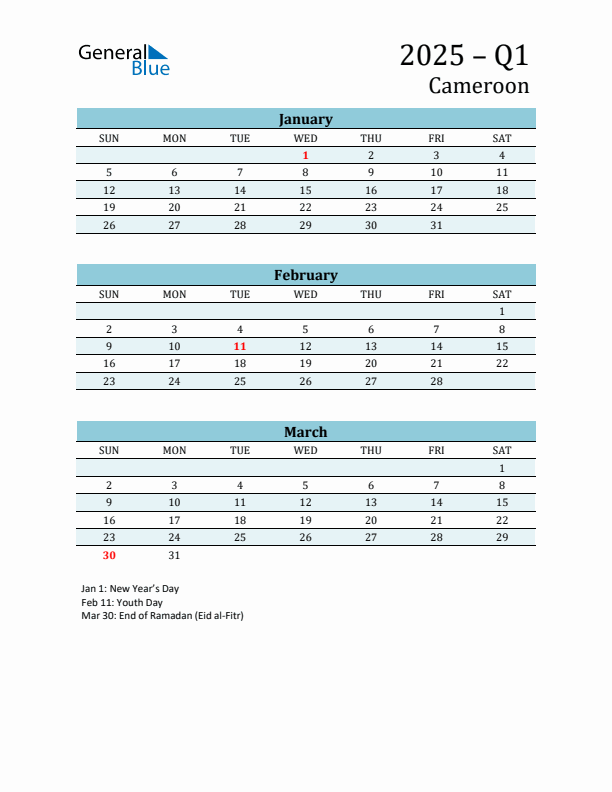 Three-Month Planner for Q1 2025 with Holidays - Cameroon