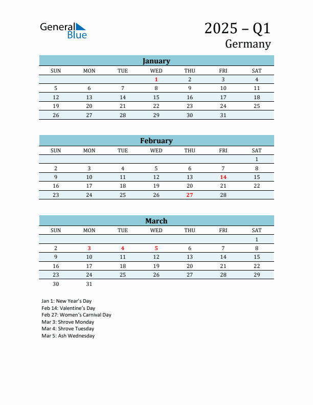 Q1 2025 Quarterly Calendar with Germany Holidays