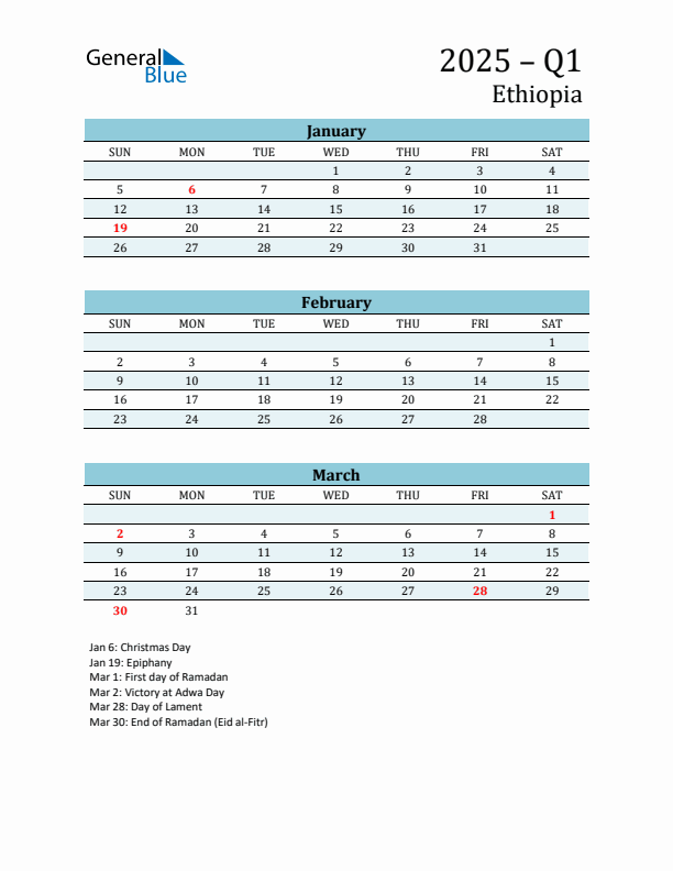 Three-Month Planner for Q1 2025 with Holidays - Ethiopia