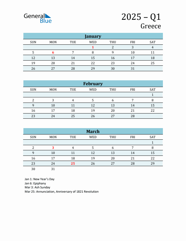 Q1 2025 Quarterly Calendar with Greece Holidays