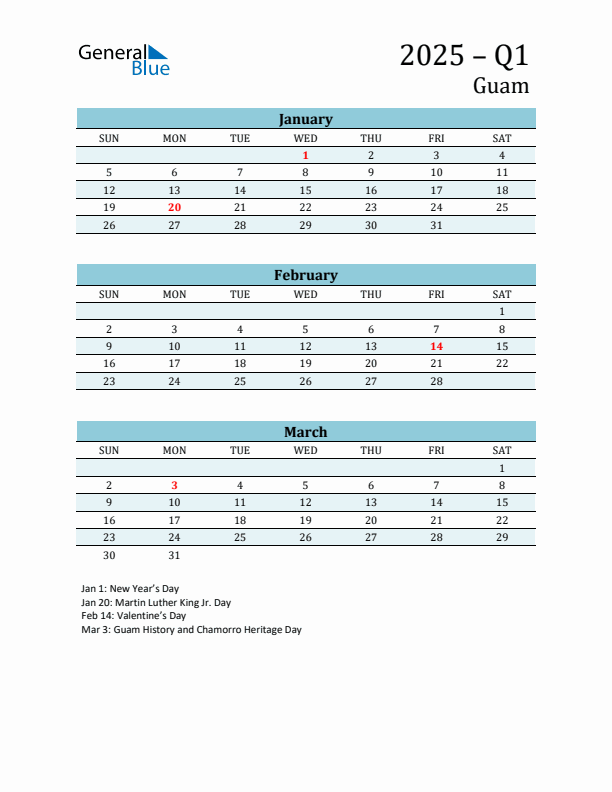 Three-Month Planner for Q1 2025 with Holidays - Guam