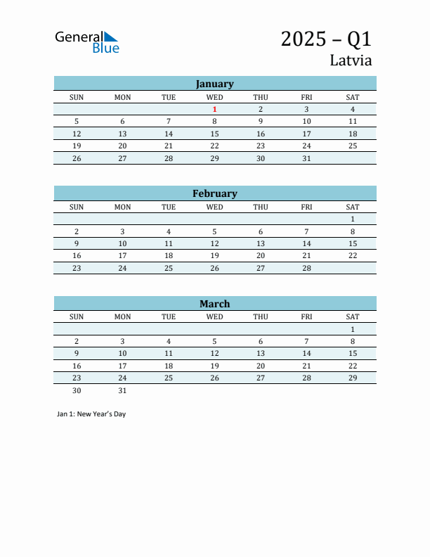 Three-Month Planner for Q1 2025 with Holidays - Latvia